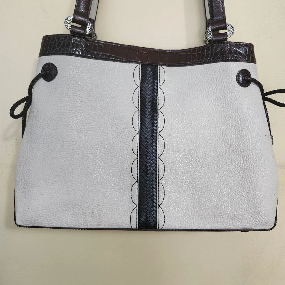 Brighton Shoulder Bag Hand Bag Medium White Brown Leather Heart Shapes Details